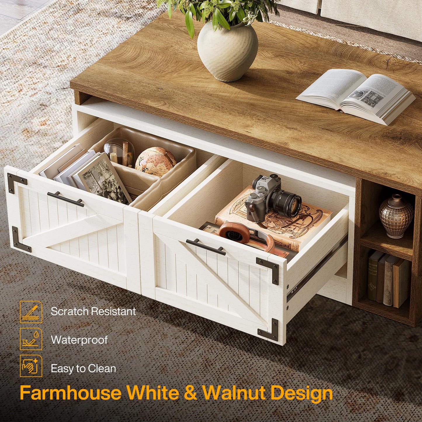 Tribesigns Extendable Large Coffee Center Table for Living Room, 47.24-Inch Farmhouse Rectangle Tea Cocktail Table with 2 Storage Drawers and Open Shelves, White and Rustic Brown