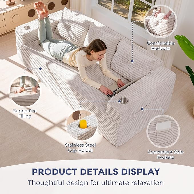MAXYOYO 79" Oversized Boneless Loveseat Sofa Couch for Small Spaces, Mini Love Seat Floor Couch with Cup Holders and Pillows, 3-Seater Upholstered Cloud Couch for Bedroom, No Assembly Required