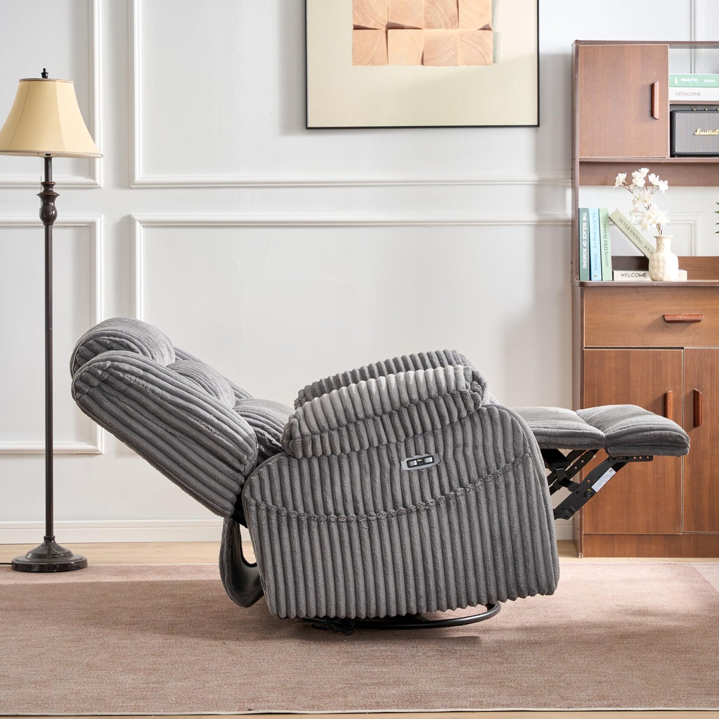 ERYE Power Reclining Chair 270° Swivel Rocker Chair W/Vibration Heat and USB-C Ports,Power Control Recliner Armchair Corduroy Upholstered Nursery Armchair for Living Room Bedroom