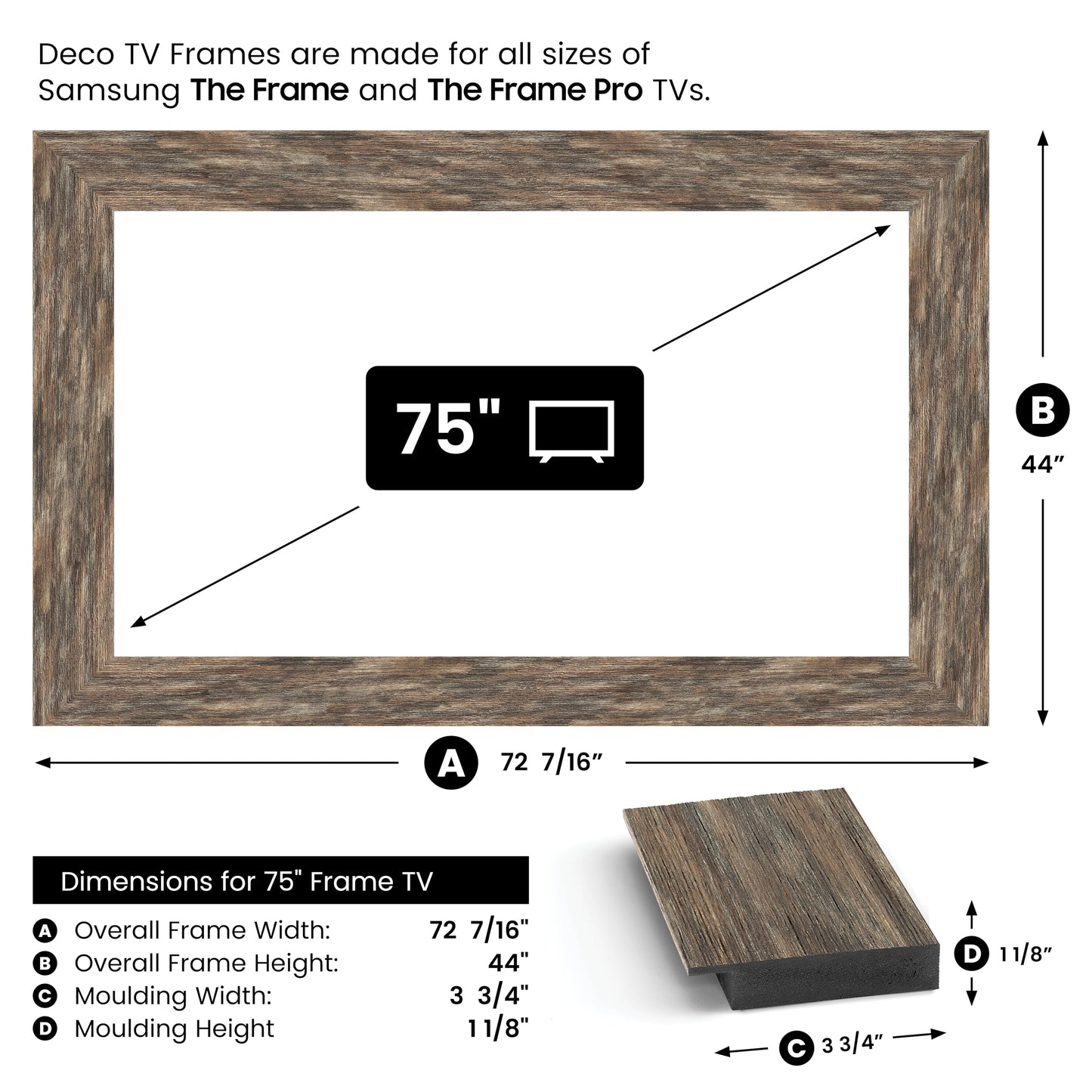 Distressed Barnwood 75" Premiere Deco TV Frame - Compatible ONLY with Samsung The Frame TV and Pro TVs (Fits 2021-2026, LS03A, LS03B, LS03C, LS03D, LS03FA, LS03FW)