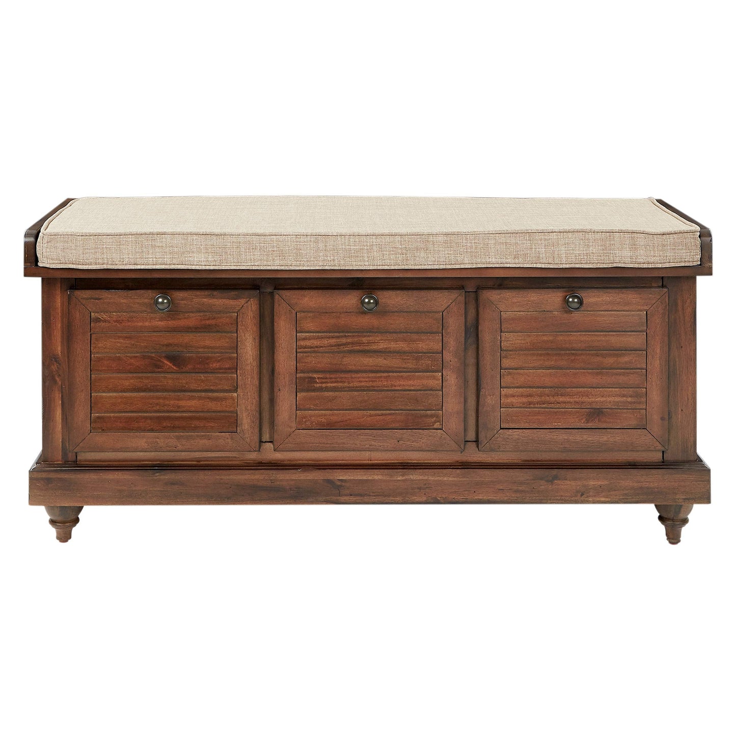 OSP Home Furnishings Dover Coastal Lift-Top Storage Bench with Shutter Face Styling, Distressed Brown Finish with Beige Linen Fabric Cushion