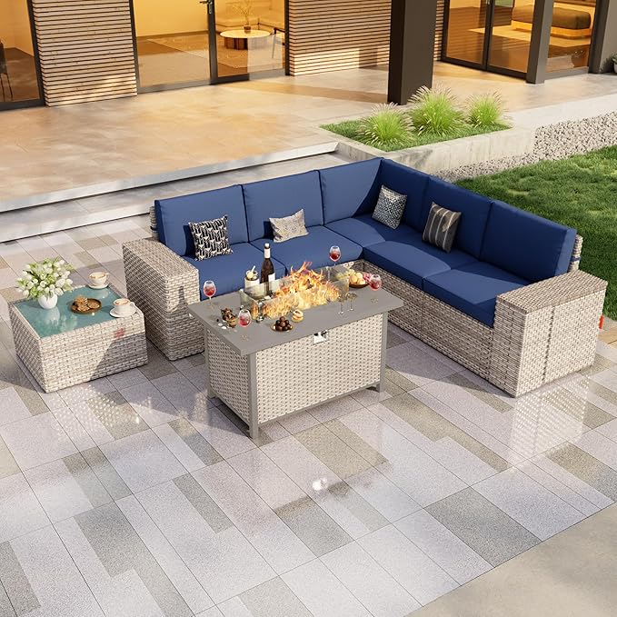 7 Pieces Patio Conversation Set, Rattan Furniture Set with Wide Armrests and Coffee Table, Outdoor Modular Sectional Couch Wicker Sofa with Fire Pit for Garden Backyard Porch Deck (Blue Cushions)