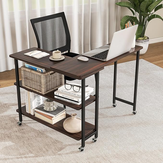 Giantex 360° Free Rotating Sofa Side Table, Mobile L-Shaped Laptop Desk with Sturdy Metal Frame, 6 Universal Casters, Movable Couch Snack Table with 2-Tier Storage Shelf for Home (Walnut)