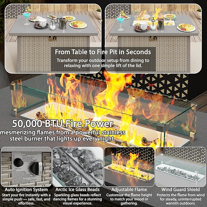 Broivira 7 Piece Patio Furniture Set with 50,000 BTU Rattan Fire Pit Table That Converts to Coffee Table, 9.8" Wide Arm Sectional Sofa with Storage Armrests, Outdoor Rattan Conversation Set, Khaki