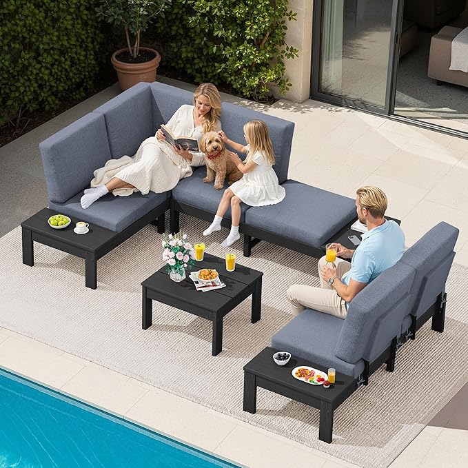 SERWALL HDPE Outdoor Furniture Set, 6 Seats Outdoor Sectional with Coffee Table, Outdoor Conversation Sets with Adjustable Backrest Sofa for Deck, Yard and Balcony, Black Frame with Grey Cushion