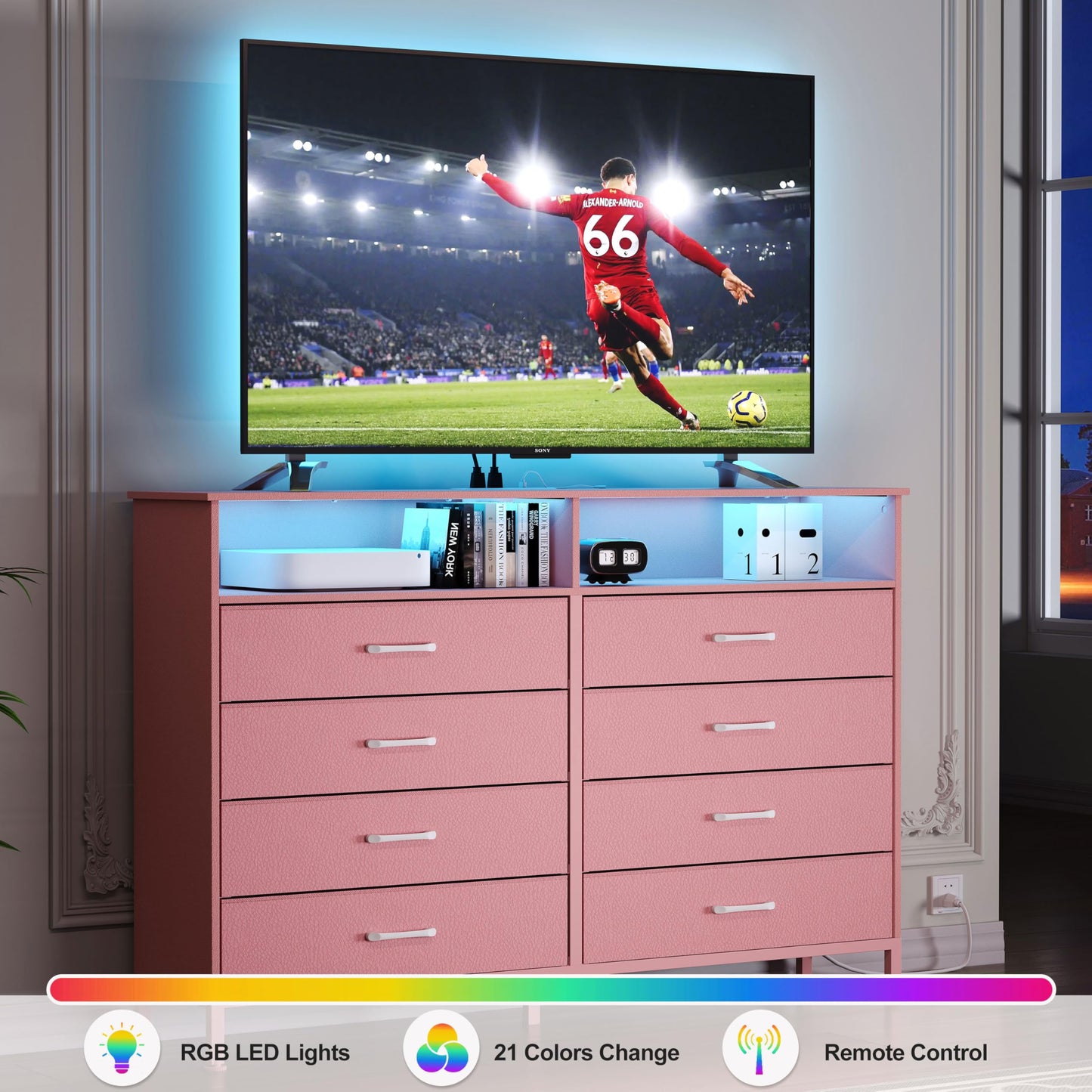 Dresser for Bedroom Pink Bedroom Dresser with LED Lights and Charging Station, 8 Long Fabric Drawers Dressers, Tall Wide Chest of Drawers Storage Organizer TV Stand for up to 60" TV for Living Room