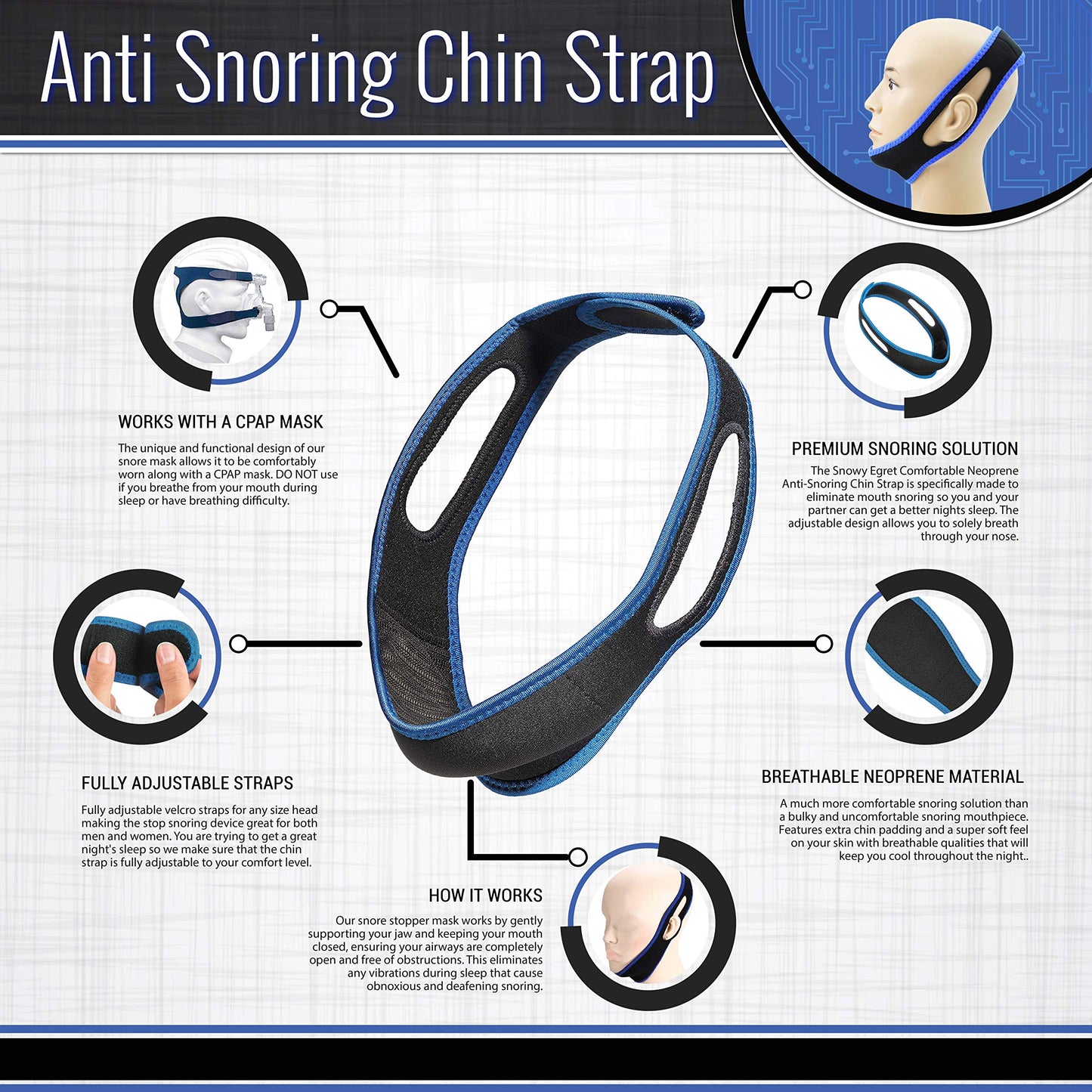 Anti Snoring Chin Strap - Chin Strap for Sleeping, Snoring Solution, Effective Snore Stopper with Comfortable Neoprene for Better Sleep Adjustable Jaw Strap, Stop Snoring Device for Men and Women