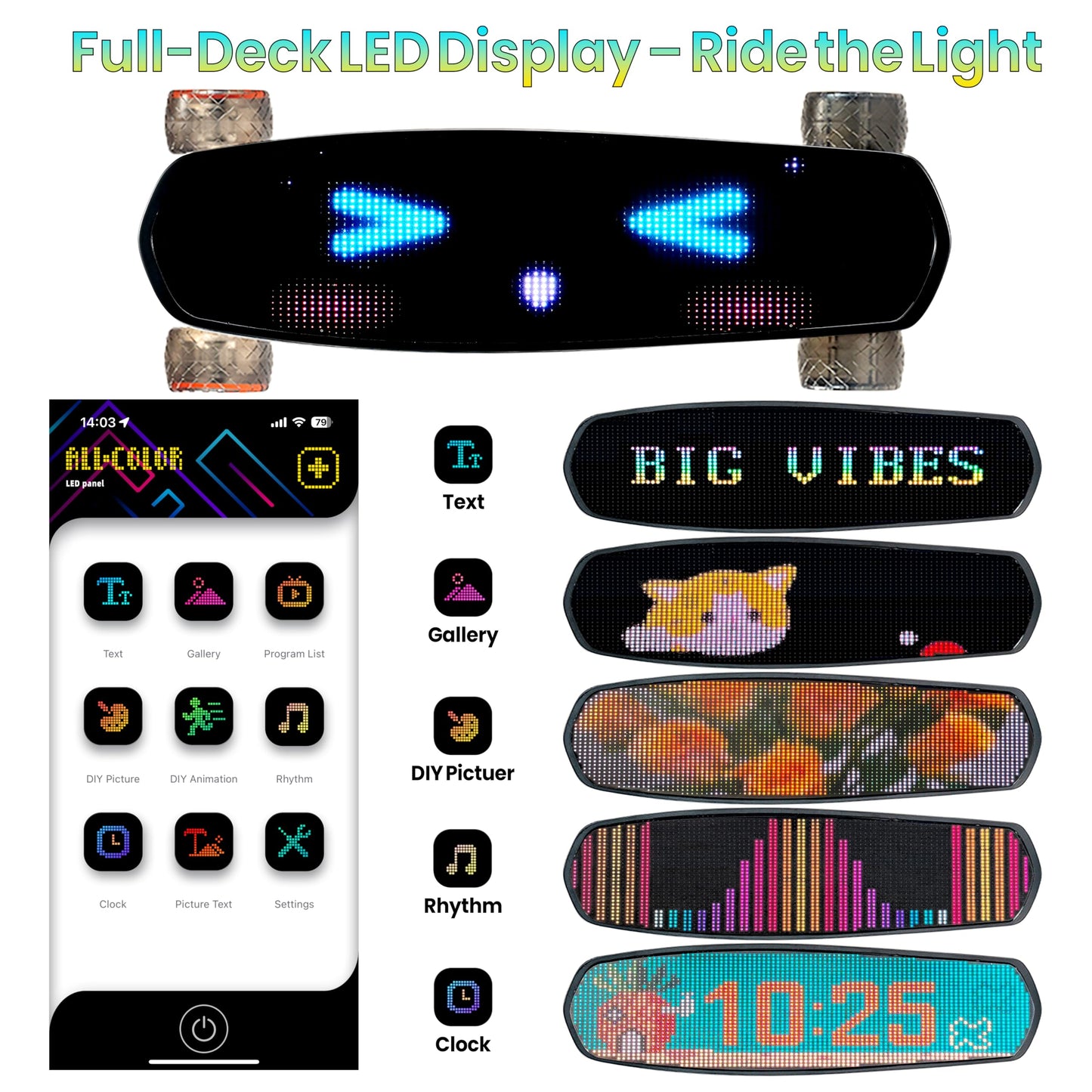 Uditer Pixel mini Electric Skateboards with LED Screen Deck, Supports Image DIY via App. 10S3P 7.8A Removable Battery/ 25 Miles Max Range/28 Mph Top Speed/2*600W for Beginners (Contains 2 batteries)