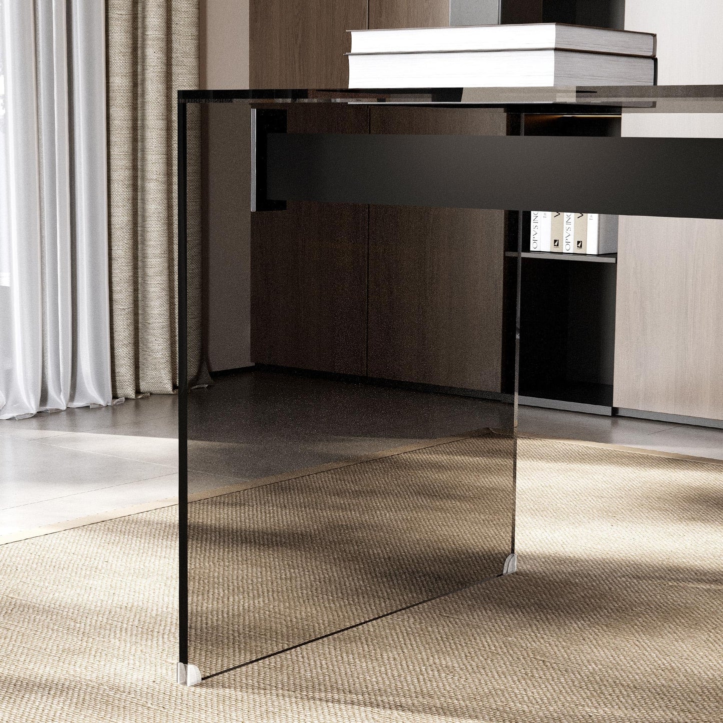 NessCarsti 53.14" Modern Tempered Glass Executive Desk with Drawer, Black Wood Finish and Tempered Glass Legs – Minimalist Stylish Workstation Table for Home Office