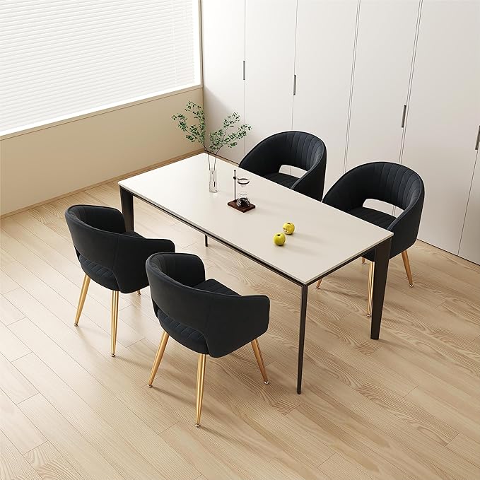 KCC Modern Accent Dining Chairs Set of 4, Upholstered Velvet Dining Room Chairs with Hollow Back, Tufted Kitchen Chairs Side Chairs with Gold Metal Legs for Living Room Restaurant, Black
