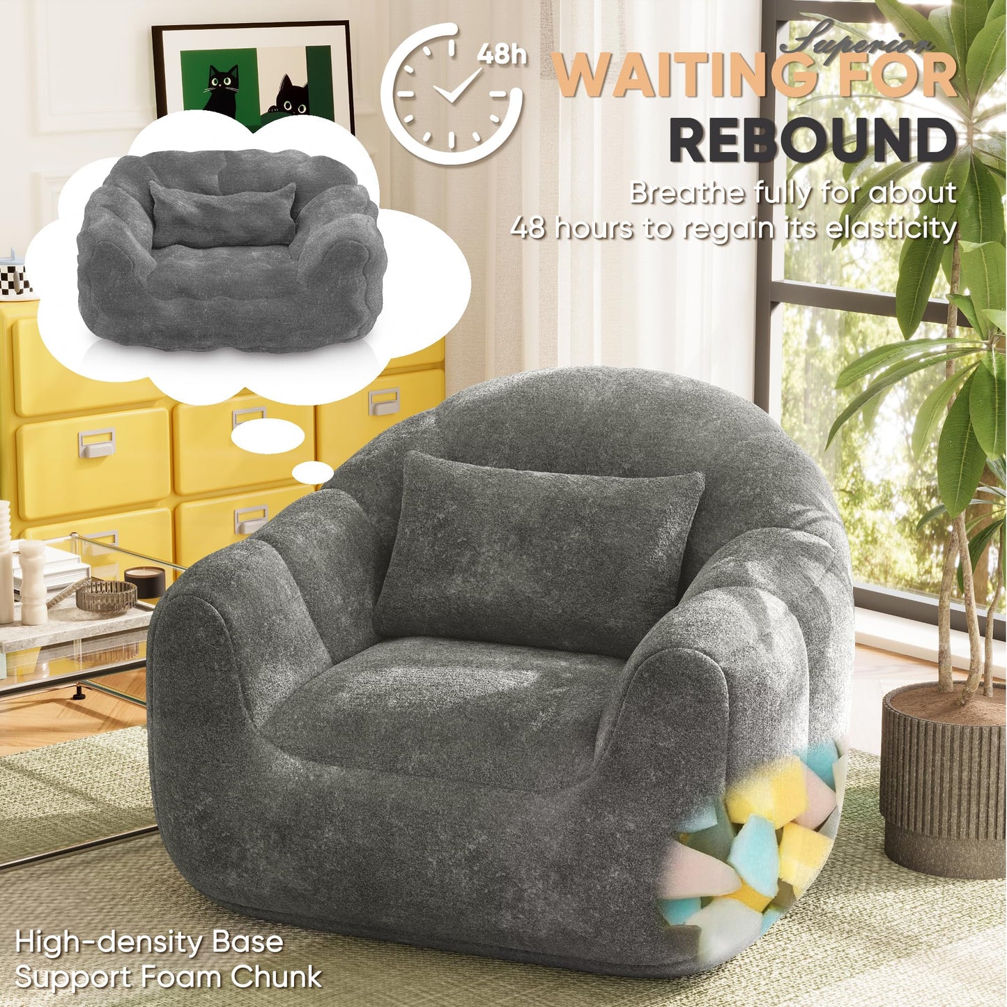 Homall Bean Bag Chair, Oversized Bean Bag Couch with Shredded Sponge Filler, Pumpkin Shaped Large Floor Sofa for Gaming, Reading, Relaxing in Living Room and Bedroom (Grey)