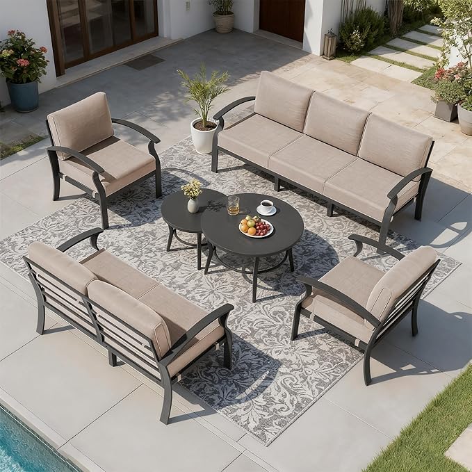 RTDTD Aluminum Outdoor Patio Furniture Set,7 Seats Patio Conversation Sets with 2 Round Coffee Tables,Metal Patio Sectional Furniture Set with 5.1" Thickened Cushions,Sand