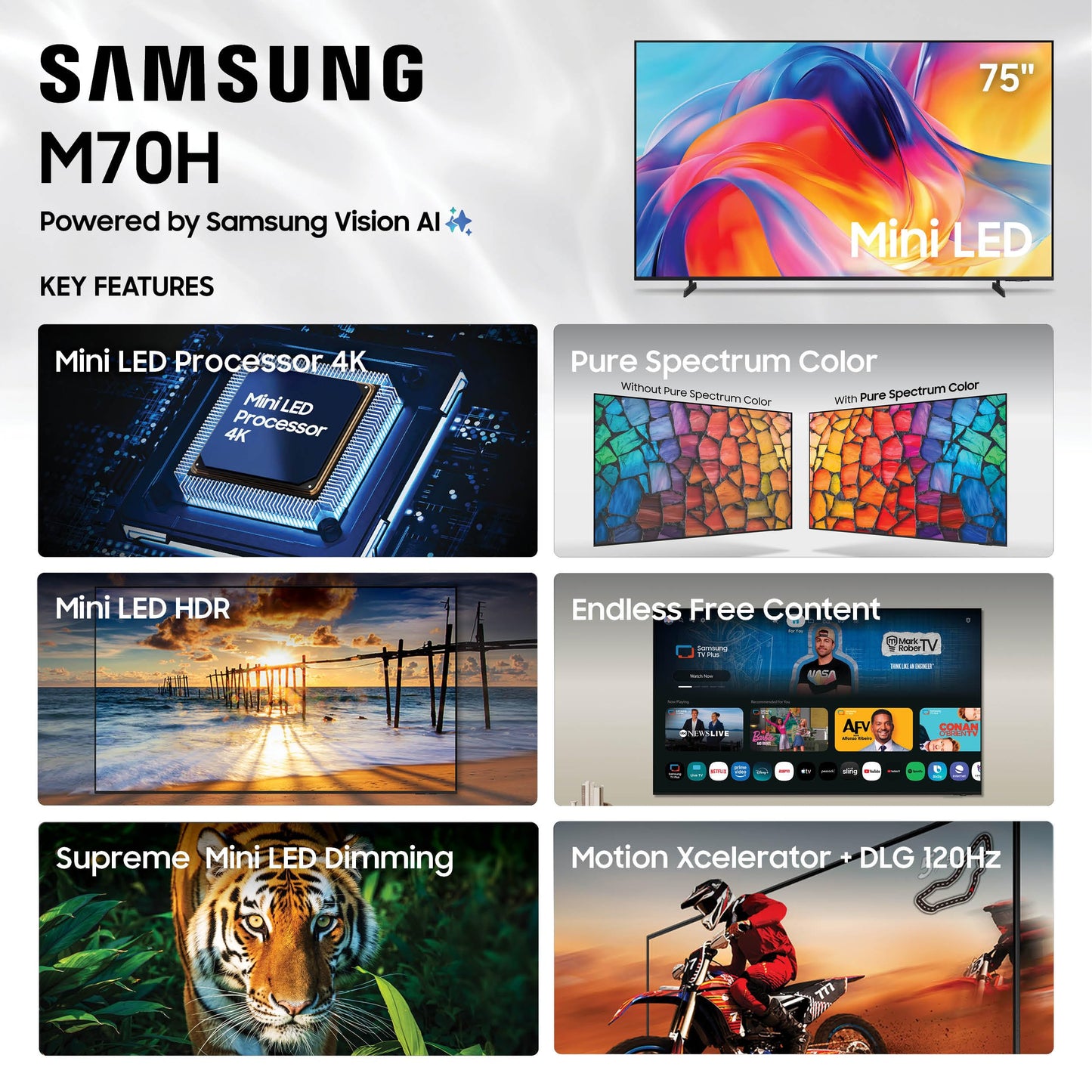 Samsung 75-Inch Class Mini LED M70H Series Samsung Vision AI Companion Smart TV (2026 Model, 75M70H) Mini LED Processor 4K, Pure Spectrum Color, Motion Xcelerator + DLG 120Hz