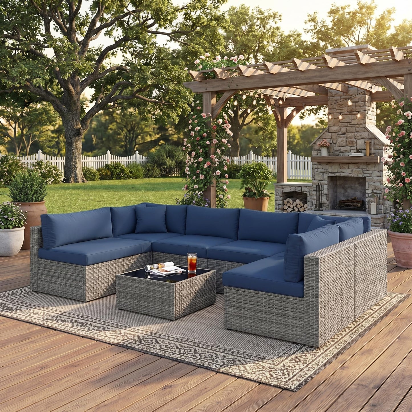 May in Color 7 Pieces Wicker Outdoor Patio Furniture Set, Patio Sectional Sofa with Coffee Table, All-Weather Outdoor Sectional Furniture for Garden Backyard, Navy Blue