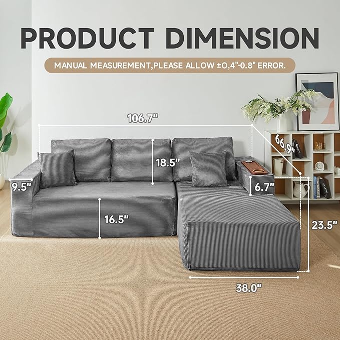 Modular Sectional Sofa Cloud Couch with Multi-Functional Armrests, Boneless Plush L-Shape Living Room Couch with Deep Seat, Fluffy Comfy Sleeper Sofa Easy Assembly (Gray, Left Chaise)