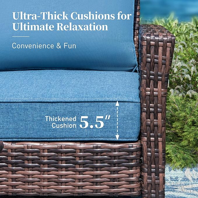 SUNSHINE VALLEY Patio Furniture Set with Swivel Chairs, High Back Wicker Rattan Sofa Chairs with 5.5" Thick Cushion and 2 Ottoman, Outdoor Conversation Set for Backyard Deck, Blue