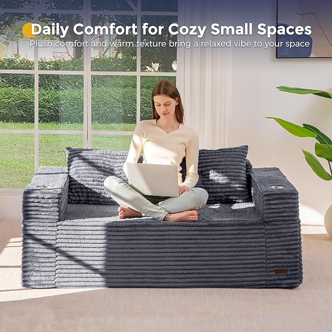 MAXYOYO 63" Boneless Loveseat Sofa Couch for Small Spaces, Mini Love Seat Floor Couch with Cup Holders and Pillows, 2-Seater Upholstered Cloud Couch for Bedroom Apartment, No Assembly Required