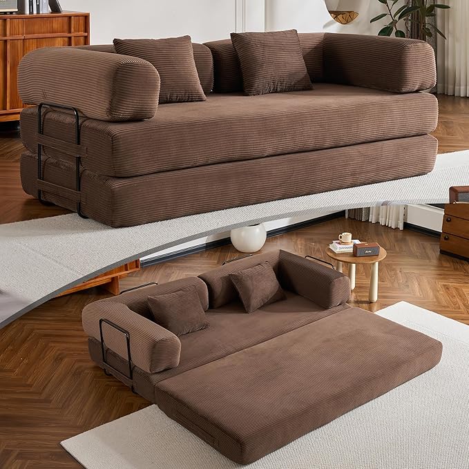 ZEIINPA Convertible Sleeper Sofa Bed, Corduroy Floor Couch with Fixed-Shape Frame, Comfy Modular Floor Sofa with Pull Out Bed, Sleeper Loveseat Boneless Couch for Living Room, Brown