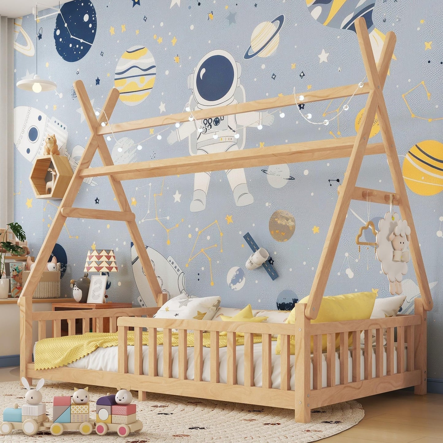 Mirightone Teepee Floor Bed for Kids, Twin Size Tent Beds with Hanging Rack, Detachable Montessori Floor Bed with Slats and Fence Rails, Wood House Bedframe for Boys Girls, Natural
