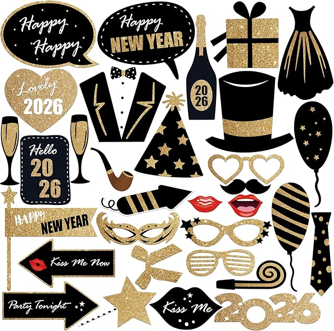 KatchOn, Glitter New Years Photo Booth Props 2026 - Pack of 32 | New Years Eve Photo Booth Props for Happy New Years Decor...