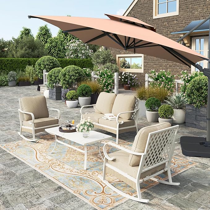 HERA'S HOUSE 4-Piece Patio Furniture Set with Metal & Rattan Design, 2 Rocking Chairs, 2-Seat Lover Sofa & Marble Coffee Table, All-Weather Outdoor Conversation Set for Garden Backyard, Beige