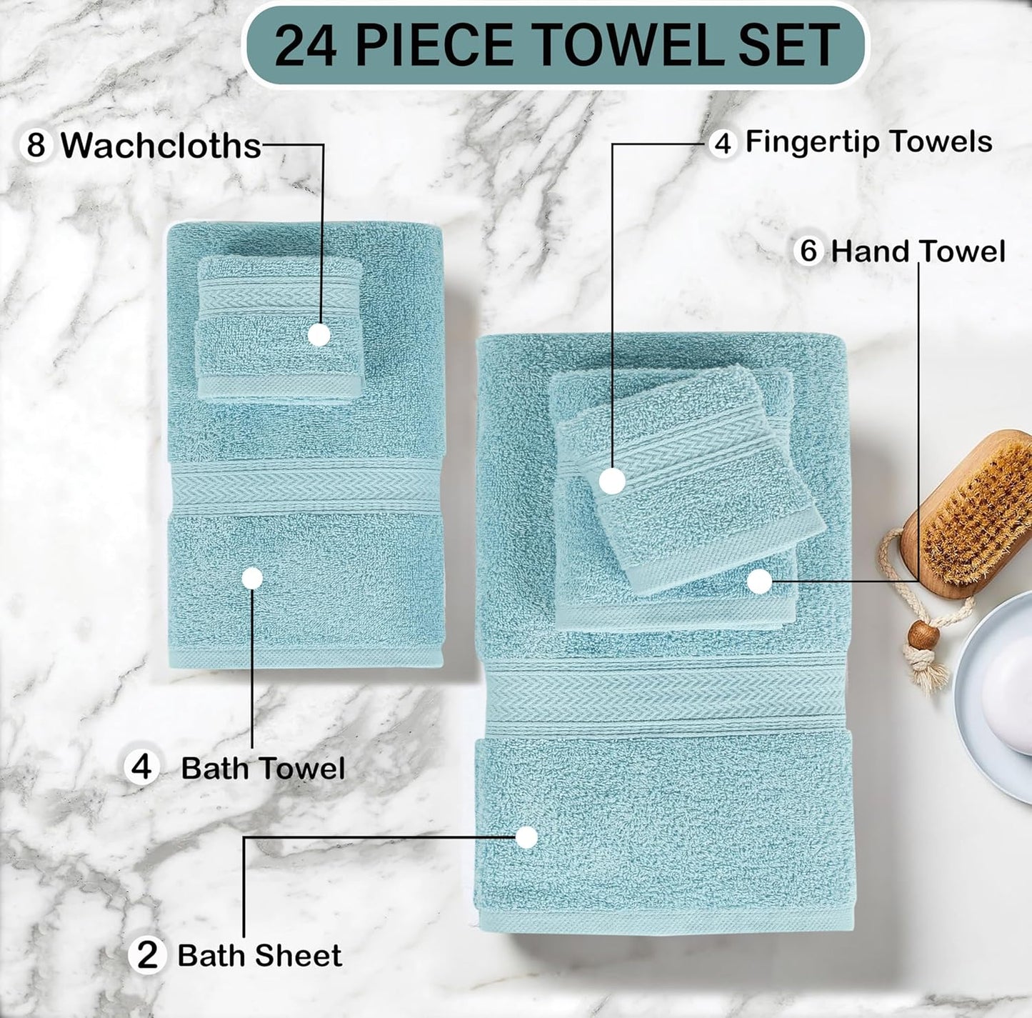HILLFAIR 24 Piece Bath Towels Set for Bathroom- 100% Cotton 24 PC Bulk Pack Hotel Spa Towel Set- 2 XXL Oversized Big Towels, 4 Bath Towels, 6 Hand Towels, 4 Fingertip Towels, 8 Washcloths: Ocean Blue