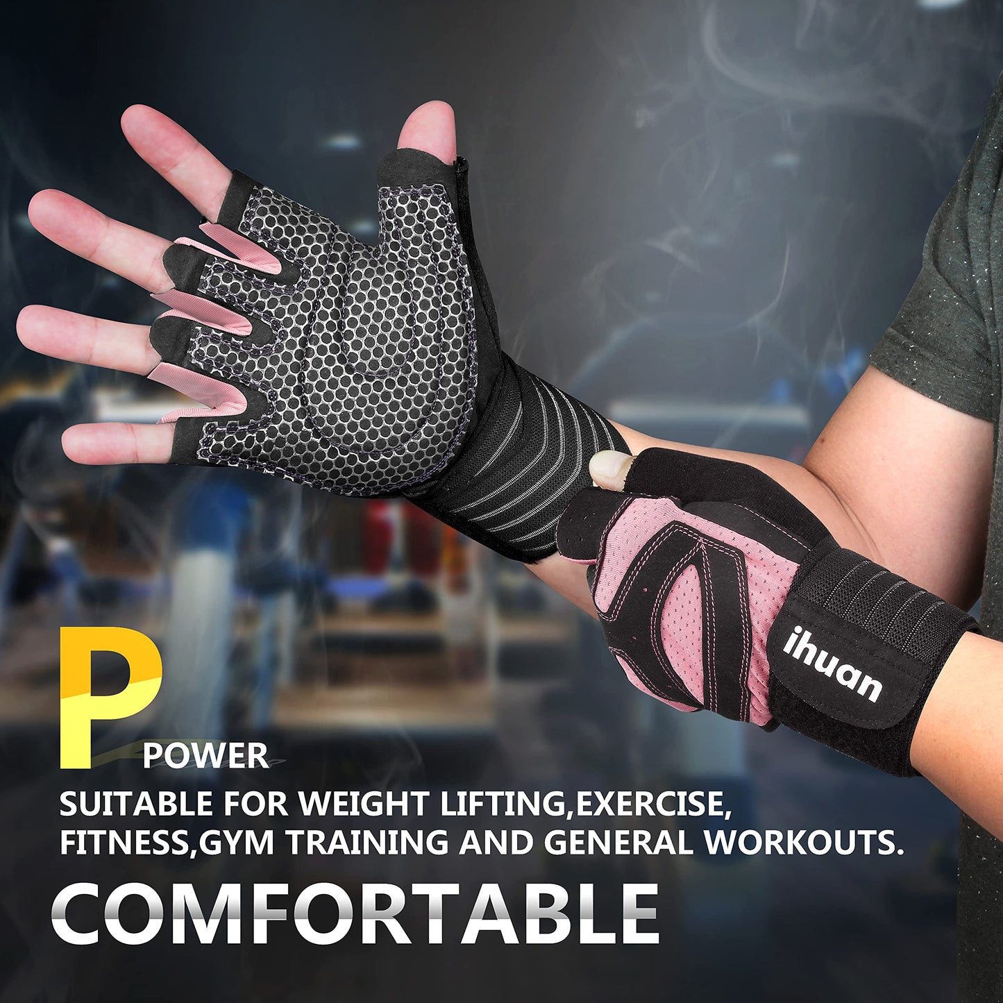 ihuan Ventilated Weight Lifting Gym Workout Gloves with Wrist Wrap Support for Men & Women, Full Palm Protection, for Weightlifting, Training, Climbing Fitness, Hanging, Pull ups