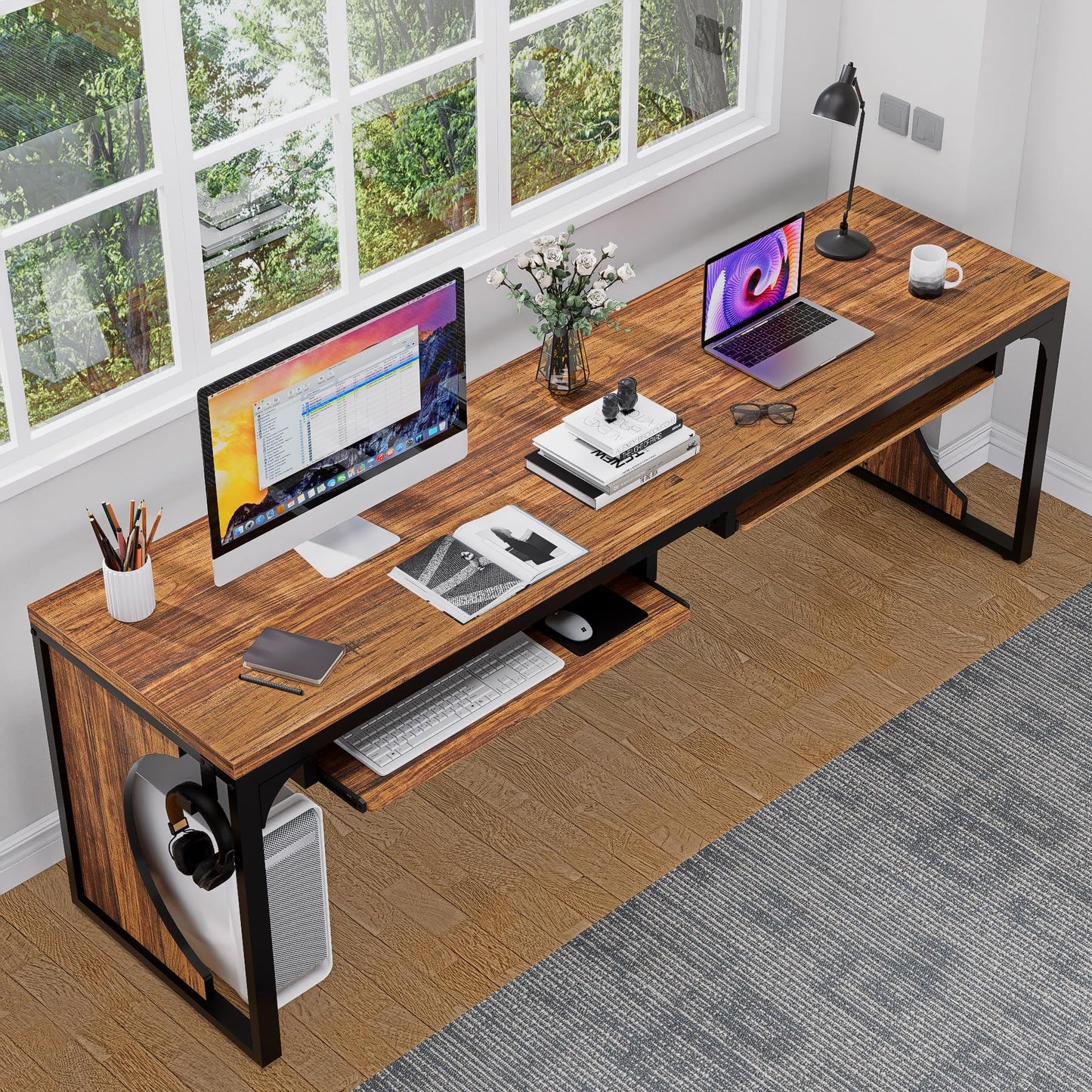 FUXJUM 78.7 Inch Extra Long Home Office Desk Game Computer Desks for 2 Persons Double Keyboard Trays Workstation with Hooks Writing Study Table Rustic Brown MDF and Metal Frame