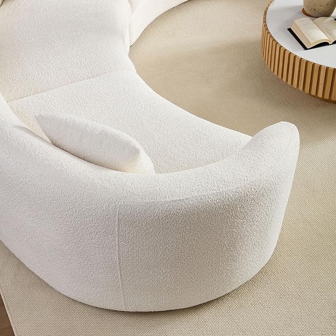KEIKI 141" Luxury Curved Boucle Modular Sectional Sofa, Modern Style Oversized 4-Seater Polyester Tight Back Couch with 4 Pillows and Round Arms, Easy Assembly, for Apartment, Living Room, White