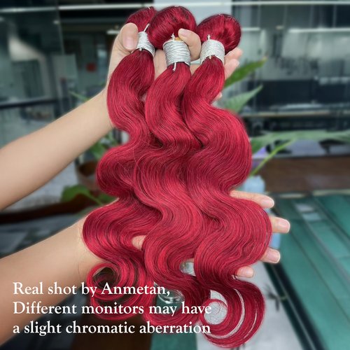 Anmetan Red Burgundy 3 Bundles Human Hair Body Wave, 12A Colored 100% Unprocessed Remy Hair Soft and Bouncy Burgundy Cherry Red 99J Human Hair Wavy Bundles Sew in Double Weft Quick Weave 10 12 14 Inch