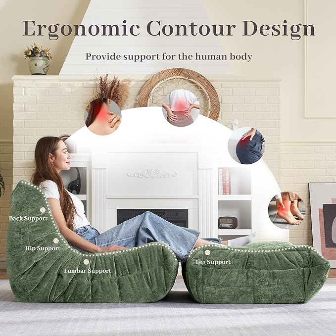 HABUTWAY Bean Bag Ottoman,Foot Rest,Fireside Chair Memory Foam Lazy Bean Bag Sofa for Living Room,Bedroom,Dorm,Office (Ottoman-Green)