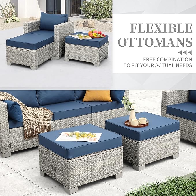 WAROOM Patio Furniture Set 6 Piece Grey Wicker Outdoor Sectional Sofa Balcony Furniture Couch PE Rattan Conversation Sets with Fire Pit Table, Blue Cushion