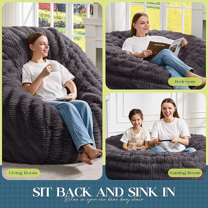 Hobestluk Bean Bag Chairs Beanbag Chair with Filler Adult Bean Bags with Fluffy Ripple Cover, Giant Bean Bag Chairs for Adults (Dark Grey, 3FT - 36" x 36" x 22")