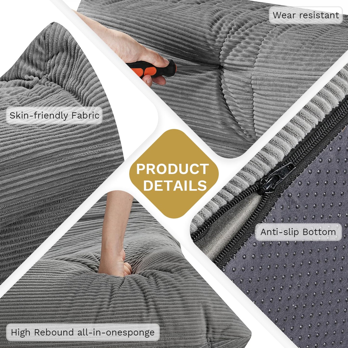 Hsundries Bean Bag Chairs for Adults, Memory Foam Couch Sofa Chair,One-Piece Foam Padding,Cozy Corduroy Material Bean Bag Chair,Bean Bag Sofa for Reading in Bedroom Living Room and Dorms，Gray