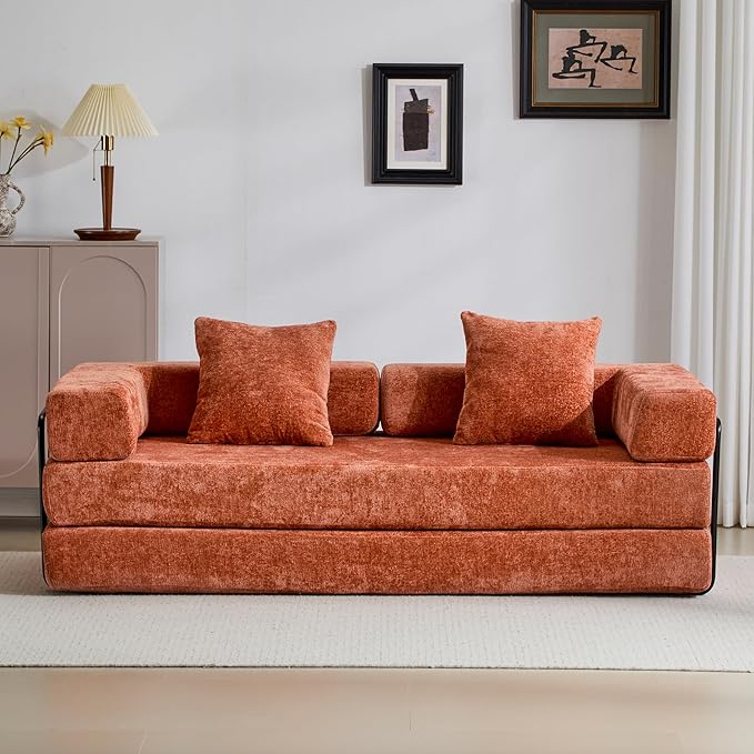 Convertible Couch Sofa Bed Foldable Floor Sleeper | Modern Fold Out Couch | Removable Backrest & Armrests | No Assembly Compression Sofa Sleeper for Living Room, Bedroom | Orange Chenille