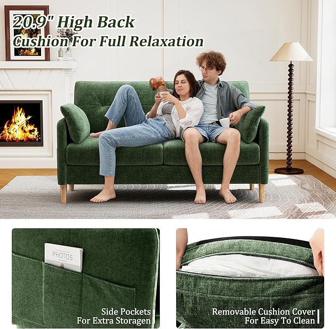 Hanherry Loveseat Sofa, 64.6" Small Couch for Living Room, Comfy Chenille Fabric Love Seat for Bedroom with Throw Pillow,Removable Cushion Cover,Couches for Small Space,Apartment,Dorm