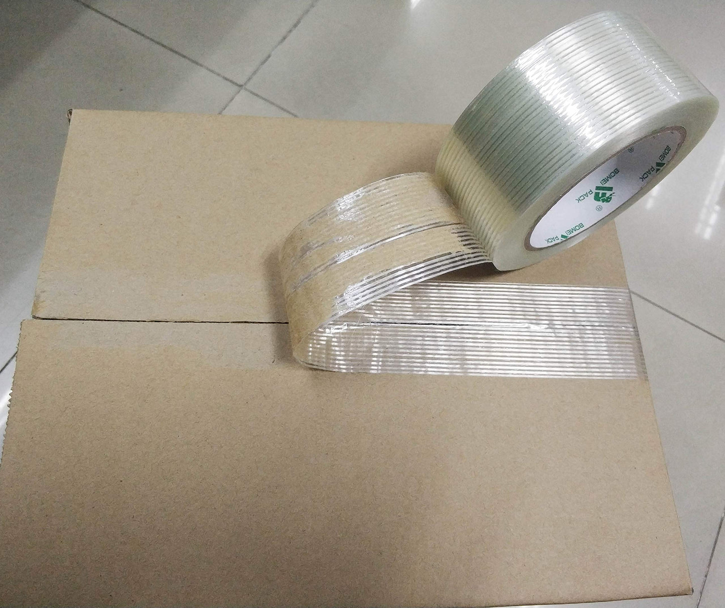 BOMEI PACK Mono Filament Strapping Tape, 2 Roll 2 Inch x 35 Yards 5.5 Mil, Heavy Duty Transparent Reinforced Fiberglass Tape