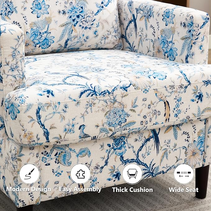 Weture Mid-Century Accent Chair,Modern Linen Fabric Armchair for Living Room,Comfy Upholstered Reading Accent Chairs for Bedroom,Single Sofa Chair with Wood Legs (Blue Flowered Bird, 1 Pack)