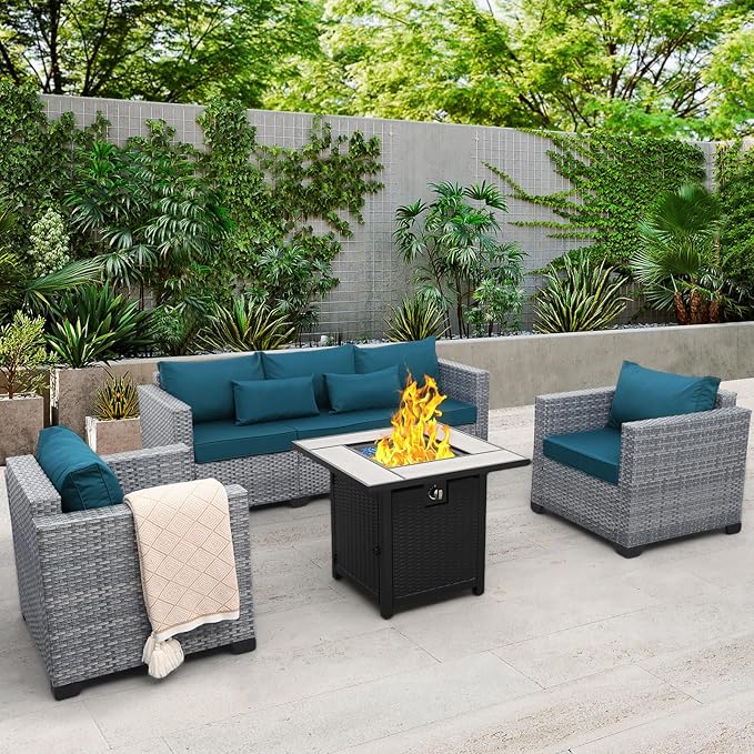 4 Piece Wicker Patio Furniture Sets Outdoor Conversation Set PE Rattan Sectional Sofa Couch with Fire Pit Table and Peacock Blue Cushions