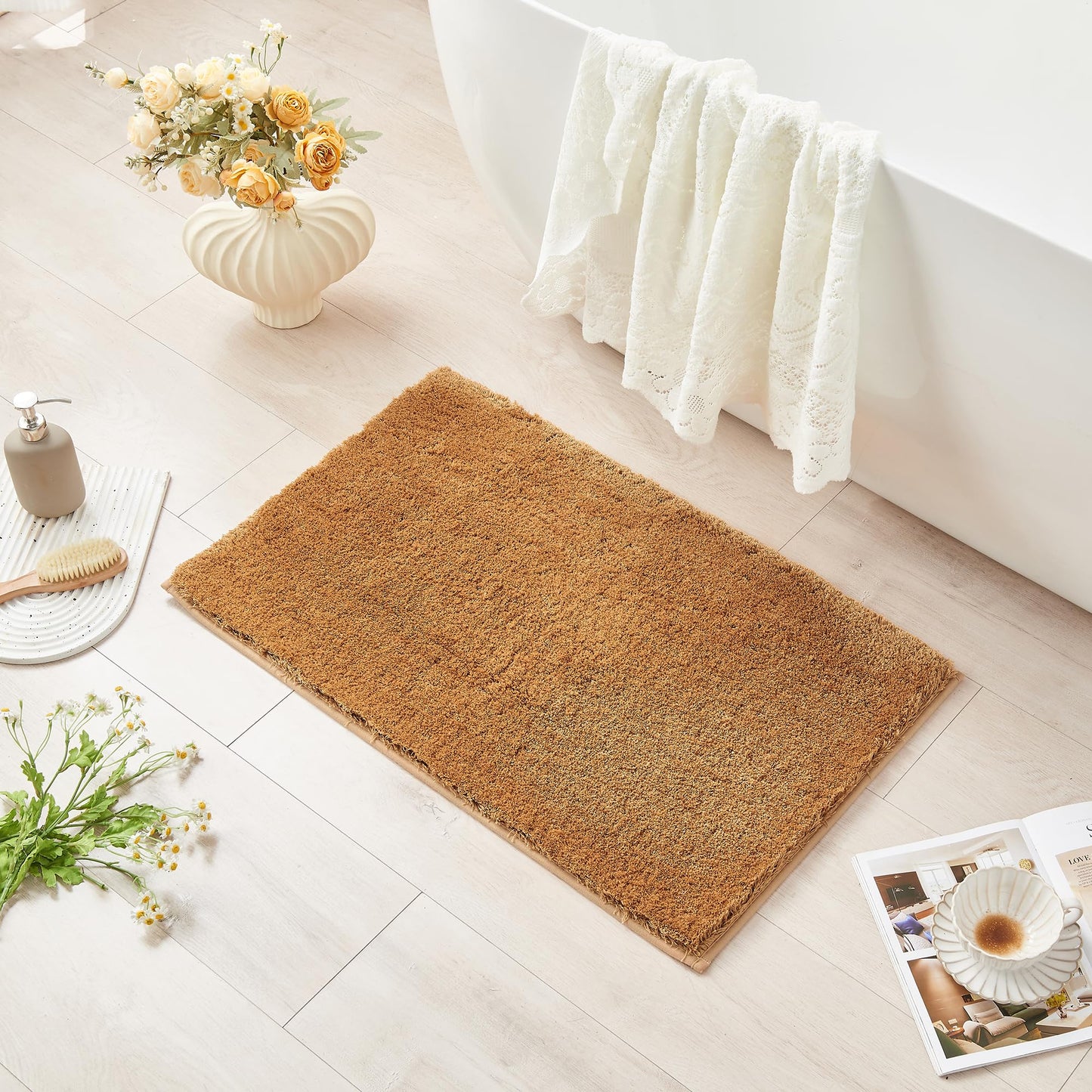 CozeCube Upgraded Shaggy Bath mat for Bathroom Non Slip 15.7" X 23.6", Super Soft Quick Dry Bath Rugs, Fluffy Plush Bathroom Rugs Machine Washable, Light Brown