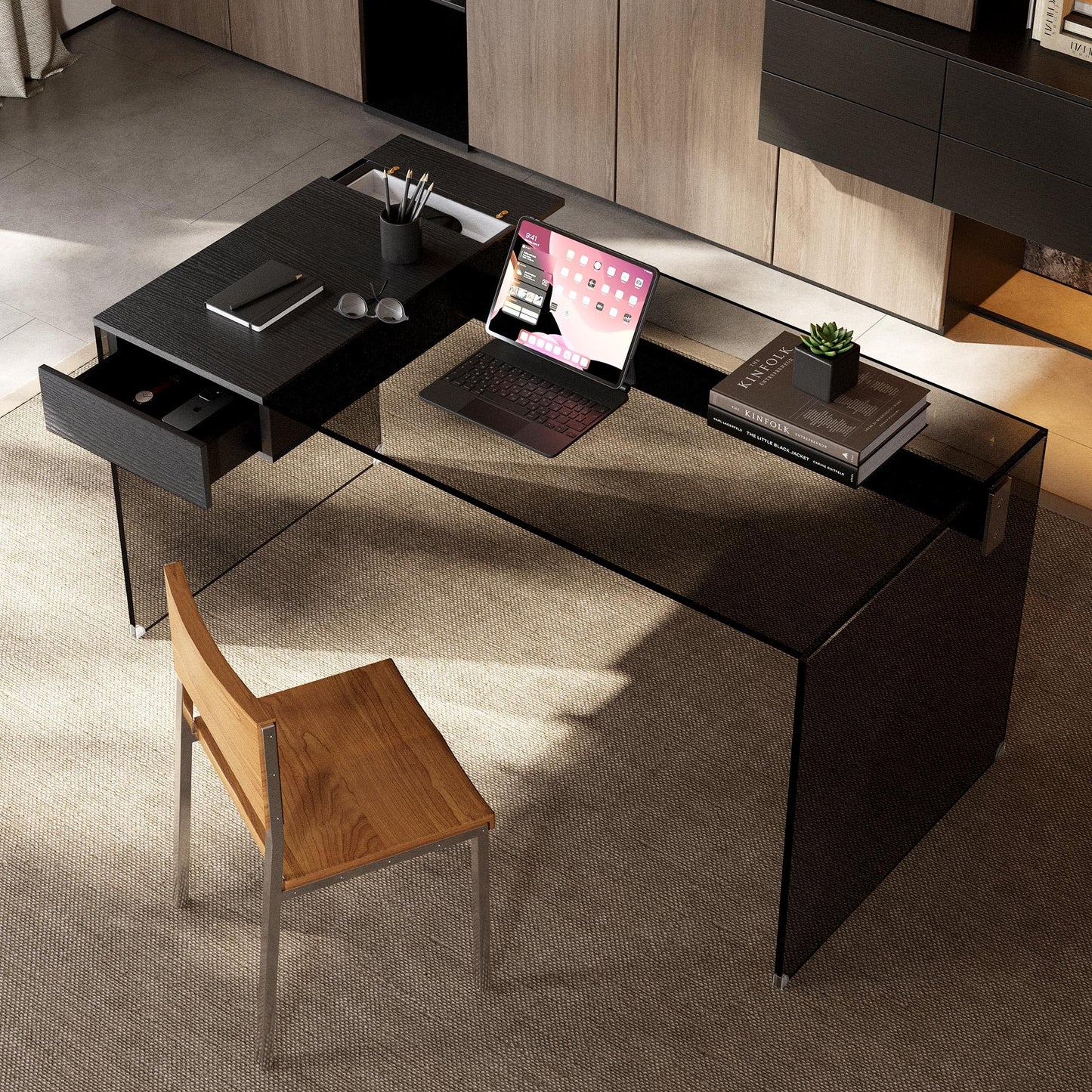 NessCarsti 53.14" Modern Tempered Glass Executive Desk with Drawer, Black Wood Finish and Tempered Glass Legs – Minimalist Stylish Workstation Table for Home Office