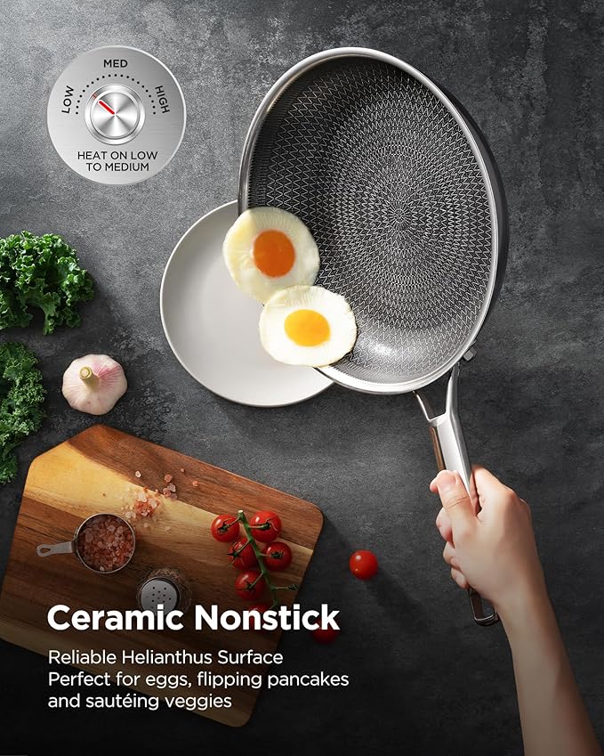 Saute Pan with Lid, Hybrid Ceramic Nonstick 12 Inch 5-Quart Tri-Ply Stainless Steel Skillet, PFAS/PFOA/PTFE Free, Metal Utensil Safe, Dishwasher & Oven Safe, Induction Compatible