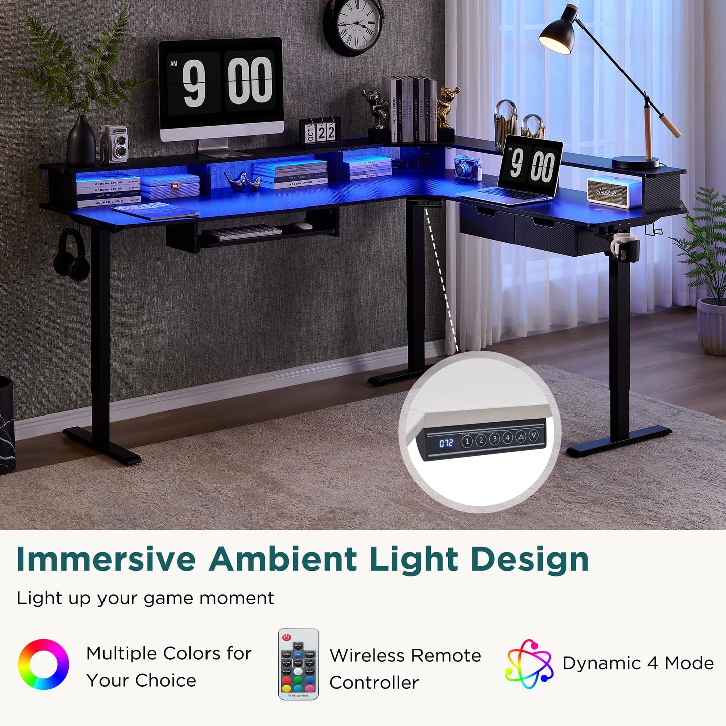 RedLemon 75X60 Inches L Shaped Electric Standing Desk, Height Adjustable Corner Gaming Desk with Drawers, Power Outlets & LED Lights, Computer Desk with Monitor Shelf, Carbon Fiber Black