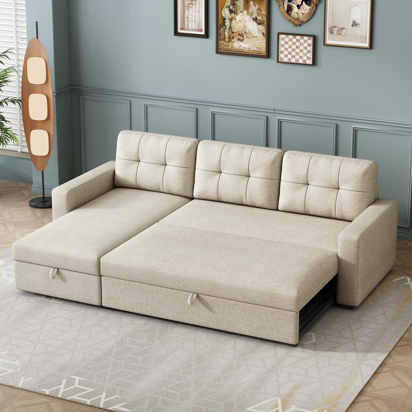 YOPTO L-Shape Reversible Sectional Sleeper Sofa Bed 4 in 1 Pull Out Couch with Storage Chaise & Removable Back Cushions,Convertible Sleeper Corner Couch Pull-Out Sofa Bed for Living Room,Office