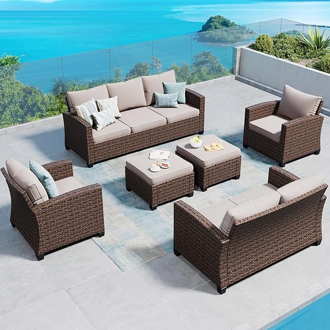 SUNSHINE VALLEY Patio Furniture Set Outdoor Furniture Brown Wicker Rattan Patio Conversation Sets with Cushion Outside Sofa Set,6 Pieces 9 Seats,Beige