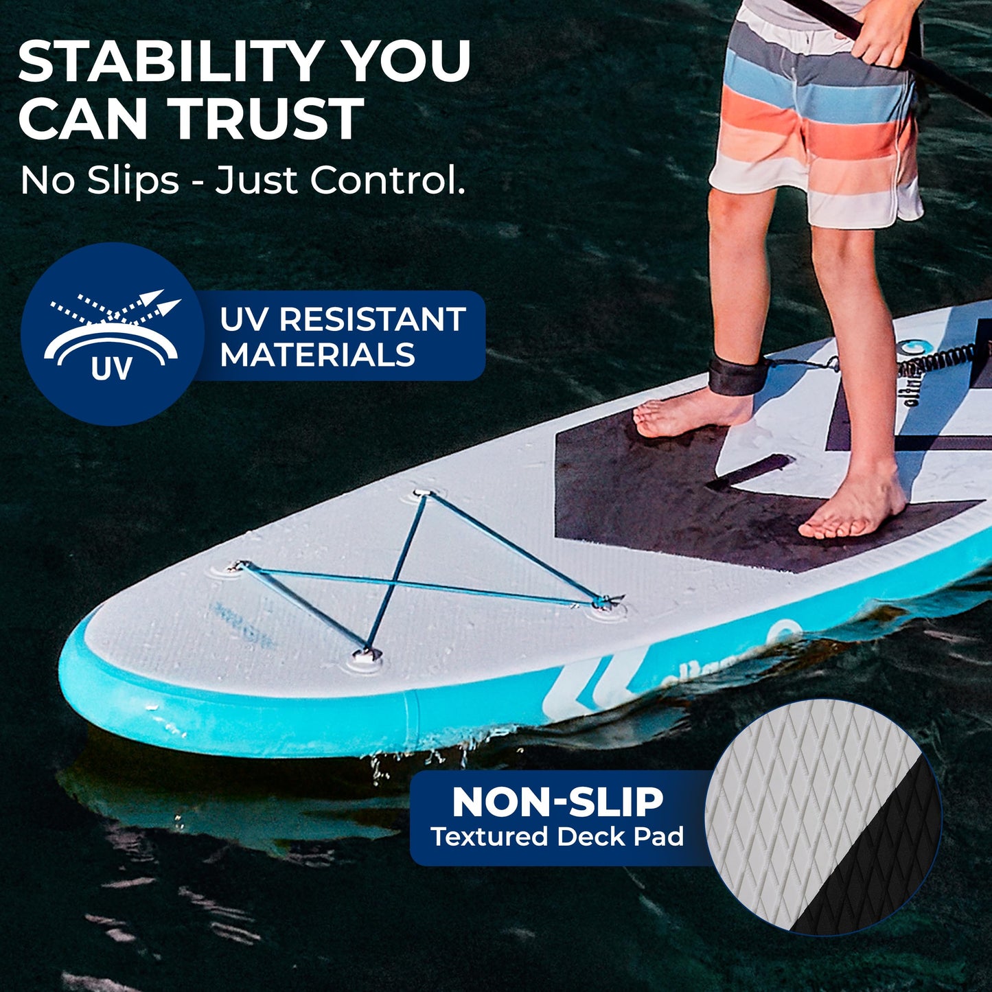 SereneLife 7'9" Kids Inflatable Stand Up Paddle Board - SUP for Youth with Single-Action Pump, Adjustable Paddle & Backpack - 30” Wide Stable Design with Non-Slip EVA Deck Pad, Ages 5+, 200lb Capacity