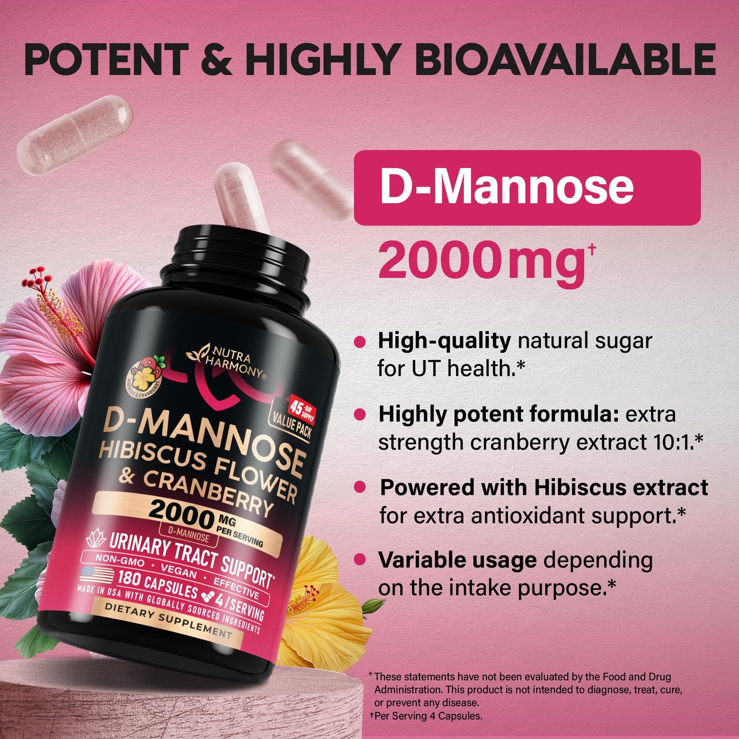 D-Mannose 2000mg with Cranberry & Hibiscus - Clinically Tested Strength for Urinary Tract Health - Supplement for Women - Bladder, Liver & Microflora Support - Made in USA - Vegan, 180 Capsules