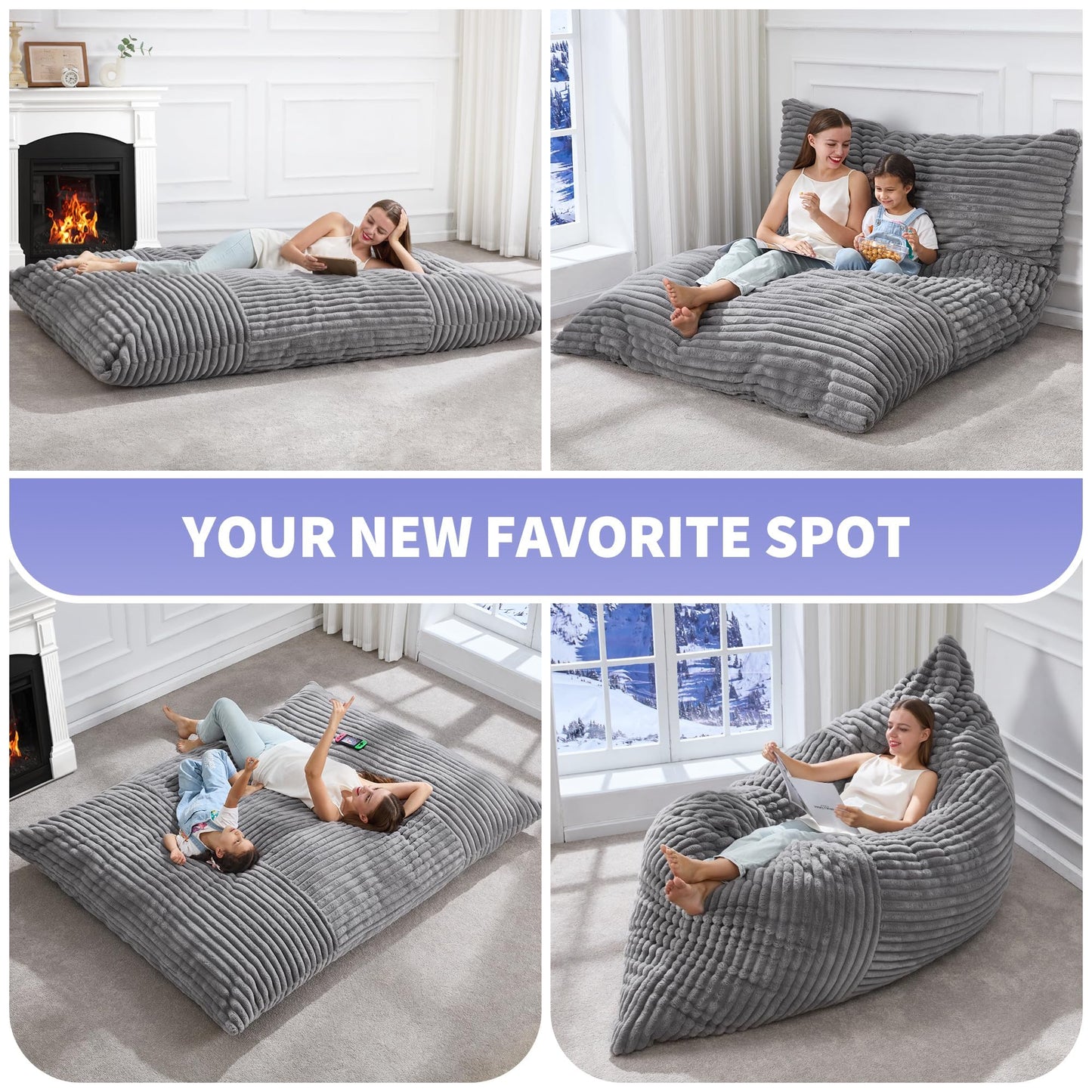 Hobestluk 3 in 1 Bean Bag Chair Giant Bean Bag Chairs Convertible Bean Bag Floor Cushion with Machine Washable Cover, Beanbag Chairs for Adult (Grey)