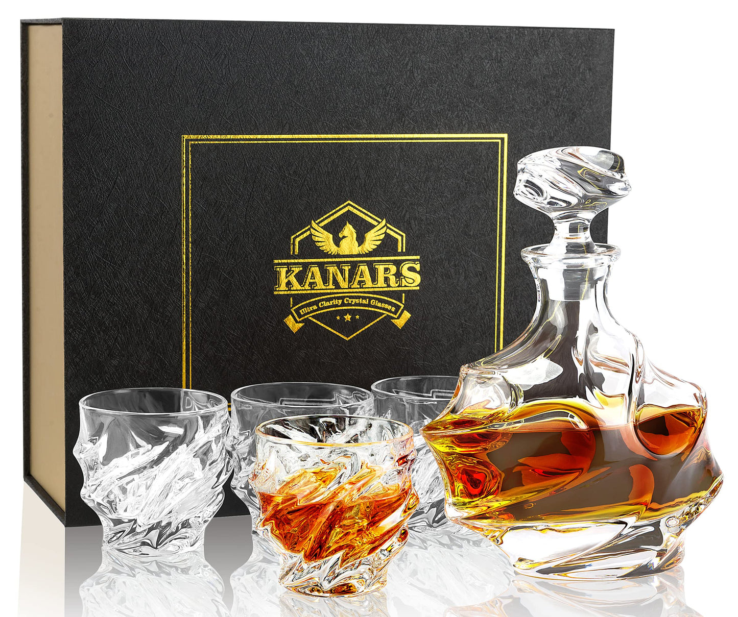 KANARS Whiskey Decanter Set - 25 Oz Crystal Liquor Decanter Carafe with 4 Rock Glasses 9 Oz For Bourbon, Scotch, Vodka, Rum or Whisky - Gift for Men Dad Husband Brother Adult Groomsmen - 5 Piece