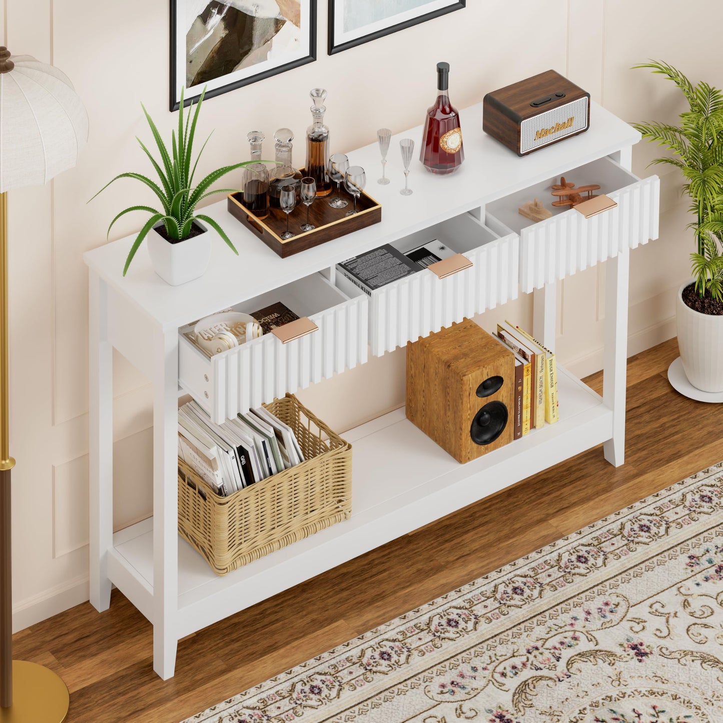 Alaxgumrol 47 inch Entryway Table with Storage, Narrow Console Table with 3 Drawers, Modern Sofa Table with Open Storage Shelf for Living Room, Foyer Hallway, White